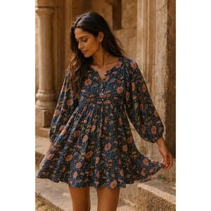 NESARA Women's Organic Cotton Floral Puff Sleeve Button Front Mini Dress- Size L